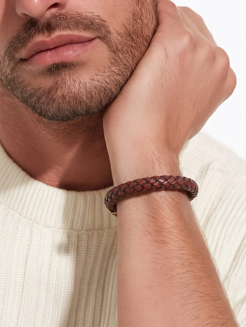 Braided Leather Men's Bracelet - burgundy leather☑️